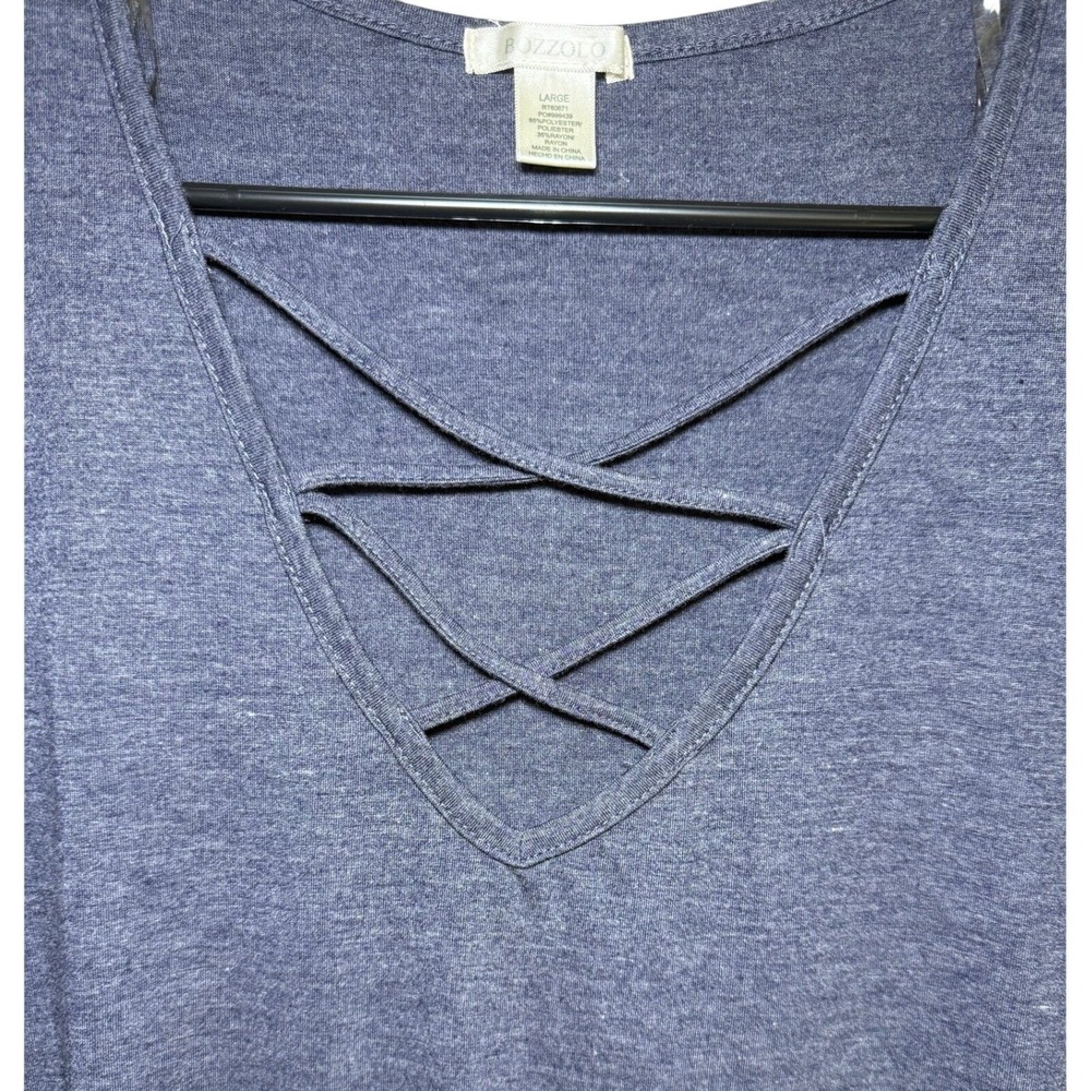 Bozzolo Boho CrissCross Blue V Neck Short Sleeve Top Womens Large - Picture 3 of 8